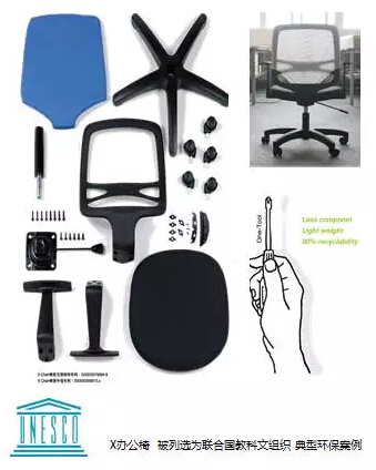 震旦自主研发设计的轻量化X椅的设计，被列入联合国教科文组织典型案例。